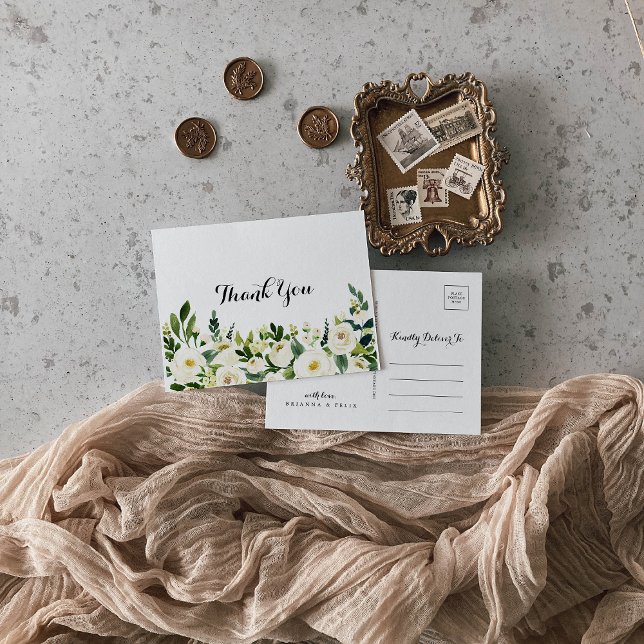 Cartão Postal Greenery White Autumn Floral Obrigado (Criador carregado)