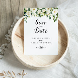 Cartão Postal Greenery White Floral Caligrafia Salva a Data