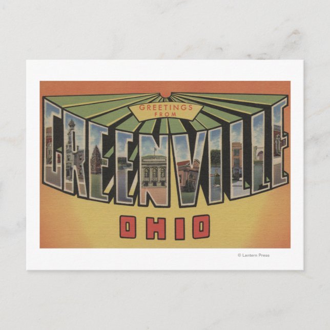 Cartão Postal Greenville, Ohio - Cenas com Letras Grandes (Frente)