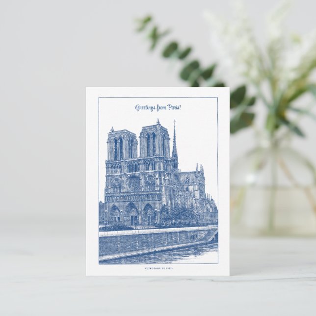 Cartão Postal Greetons De Paris Elegante Blue Retro Notre Dame (Em pé/Frente)