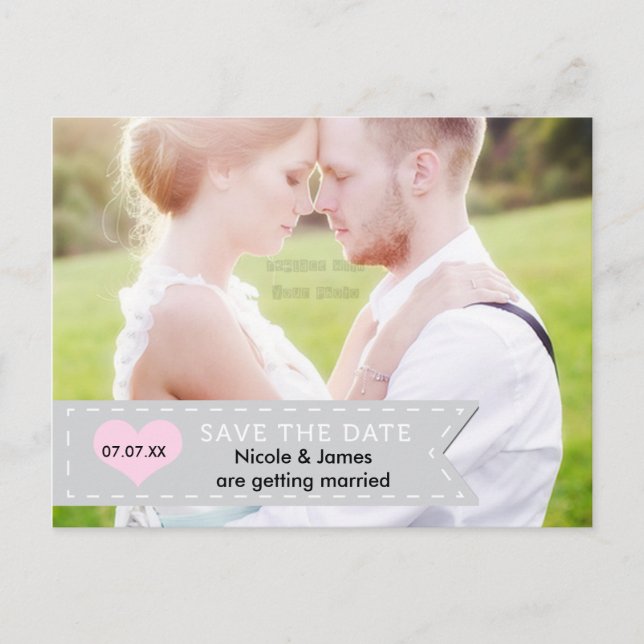 Cartão postal Grey & Pink Banner SAVE THE DATE com (Frente)