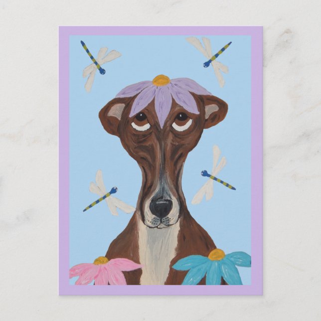 Cartão Postal Greyhound com uma Flor na cabeça & Libélulas (Frente)