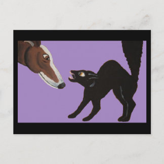 Cartão Postal Greyhound de Halloween com Gato Preto Zangado