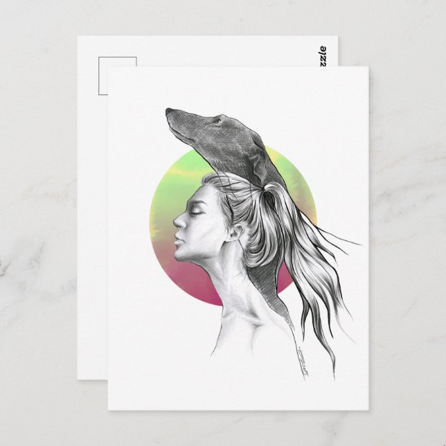 Cartão Postal Greyhound e Mulher Retrato Cão Cachorro Passa Arte (Frente/Verso)