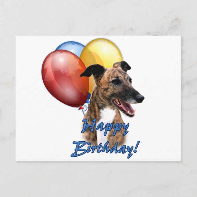 Cartão Postal Greyhound Happy Birthday Balloons. (Frente)