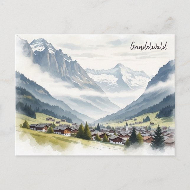Cartão Postal Grindelwald Suíça Viagem aquarela (Frente)