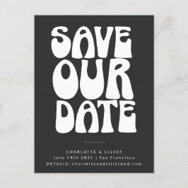 Cartão Postal Groovy 70s Preto Branco Simples Salvar a Data