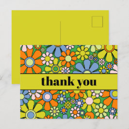 Cartão Postal Groovy Floral Colorido Retro Anos 60 70 Obrigado