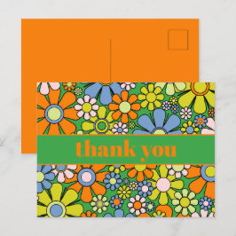 Cartão Postal Groovy Floral Colorido Retro Anos 60 70 Obrigado