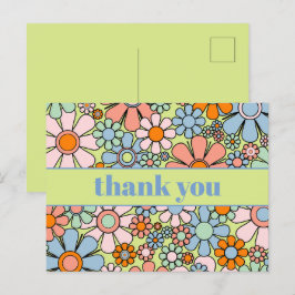 Cartão Postal Groovy Floral Colorido Retro Anos 60 70 Obrigado