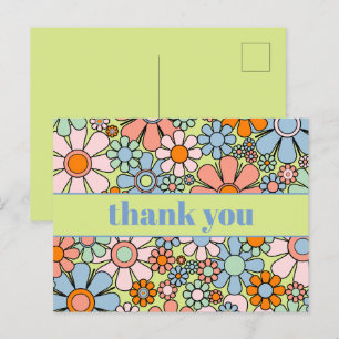Cartão Postal Groovy Floral Colorido Retro Anos 60 70 Obrigado