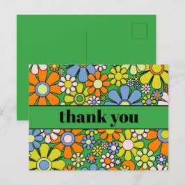 Cartão Postal Groovy Floral Colorido Retro Anos 60 70 Obrigado