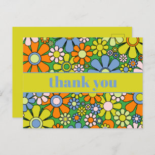 Cartão Postal Groovy Retro Floral Colorido 60s 70s Obrigado