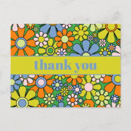 Cartão Postal Groovy Retro Floral Colorido Anos 60 70s Obrigado