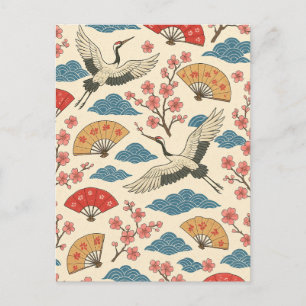 Cartão Postal Grua Japonesa Padrão Sakura Tradicional Japonês