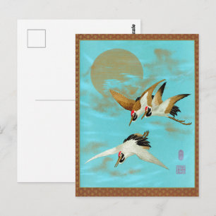 Cartão Postal Grua Japonesa Vintage e Arte Azul do Sol Dourado