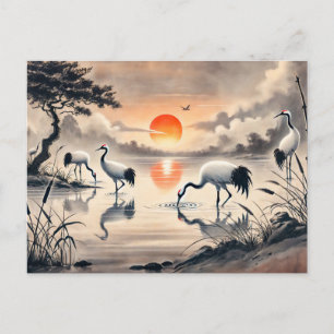 Cartão Postal Grua no Pântano ao Pôr do Sol Pintura Chinesa a Ti