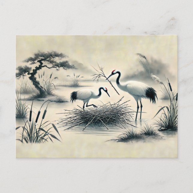 Cartão Postal Gruas aninhando em sua pintura de tinta chinesa no (Frente)