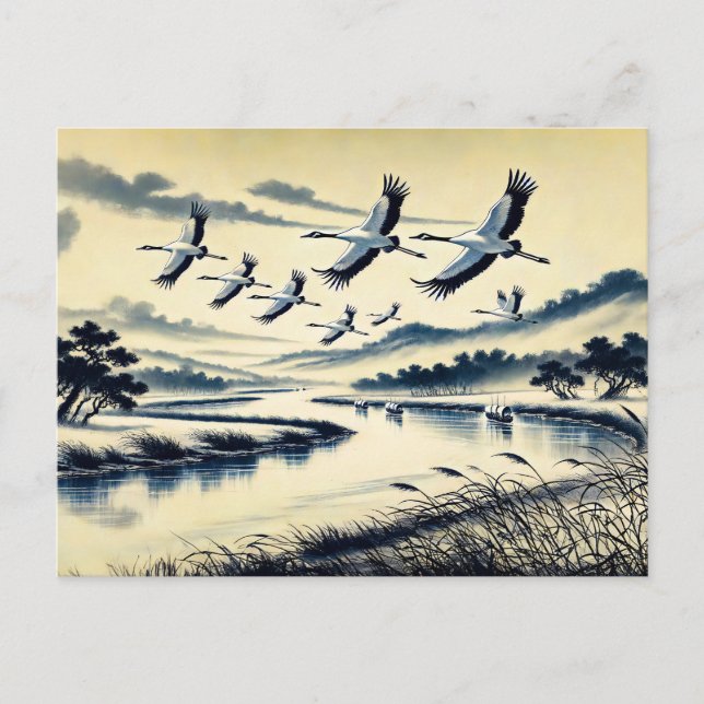 Cartão Postal Gruas voando sobre um rio Paisagem Chinesa Tinta P (Frente)