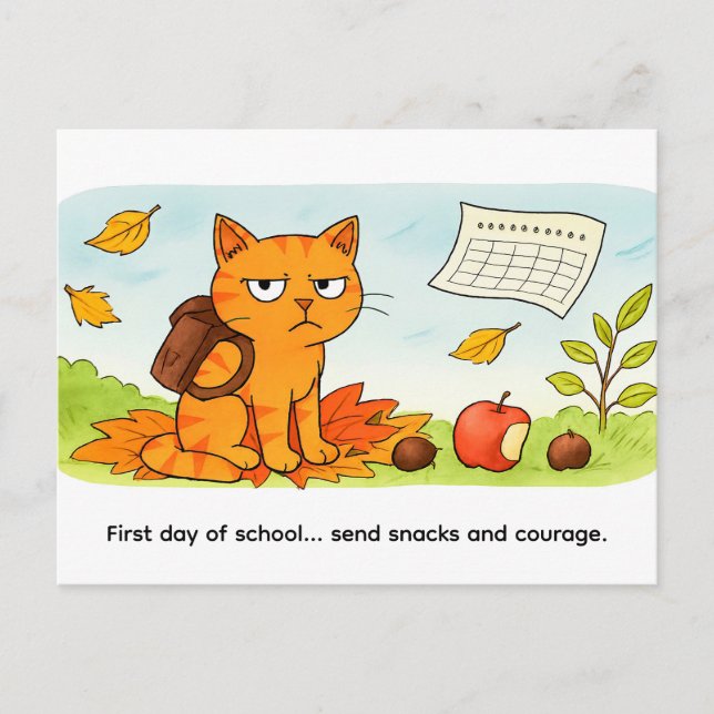 Cartão Postal Grumpy Cartoon Cat Starting School in Autumn (Frente)