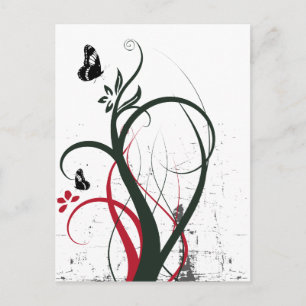 Cartão Postal Grunge Swirls 2 Borboletas Original Vermelho Negro