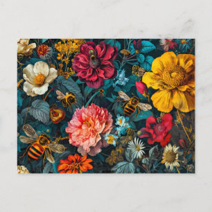 Cartão Postal Grupo de Abelhas de Mel com Zinnias, Rosas e Daisi