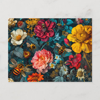 Cartão Postal Grupo de Abelhas de Mel com Zinnias, Rosas e Daisi