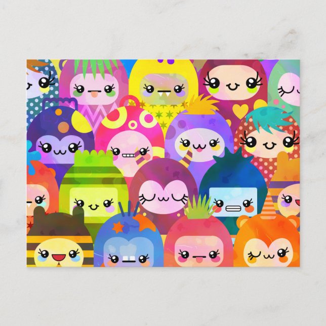 Cartão Postal Grupo de Crianças do Monstro de Kawaii, em Crowded (Frente)