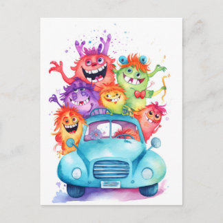 Cartão Postal Gruppe lustiger Monster fährt mit dem Auto. Urlaub