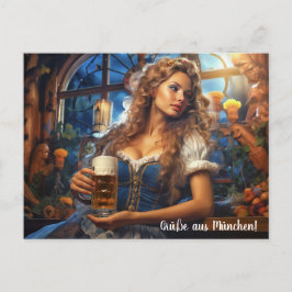 Cartão Postal Grüße aus München! Frau im Dirnd mit Bier