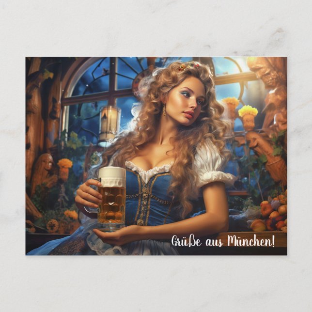 Cartão Postal Grüße aus München! Frau im Dirnd mit Bier (Frente)
