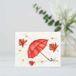 Cartão Postal Guarda-chuva vermelha brilhante e folhas vermelhas