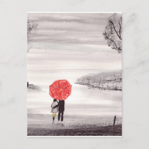 Cartão Postal Guarda-chuva vermelho casal amor