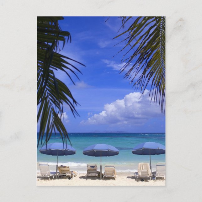 Cartão Postal guarda-chuvas na praia, Rua. Maarten, Caribe (Frente)