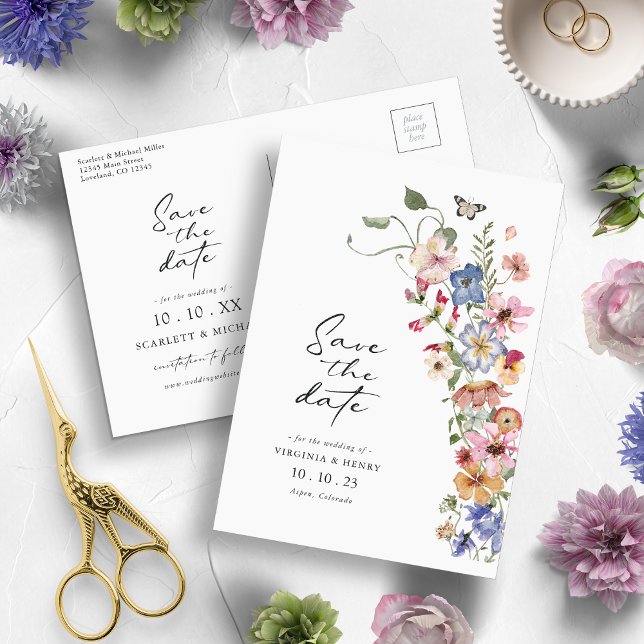 Cartão Postal Guardar A Data Colorida (Watercolor Colorful Wildflower Save The Date Postcard by Painted Paperie)