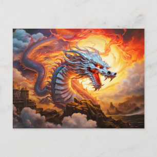 Cartão Postal Guardião Vermelho Dragão Chinês Aerógrafo em Chama