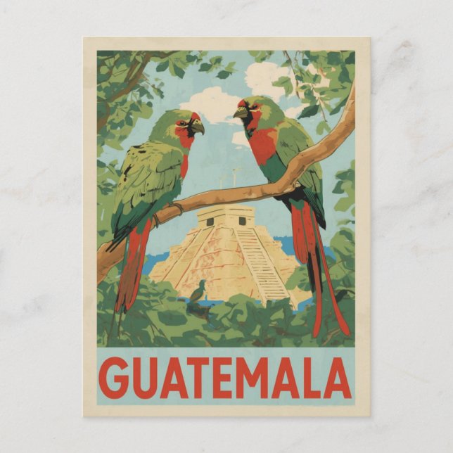 Cartão Postal Guatemala Mayan Ruins & Tropical Birds Viagem Art (Frente)