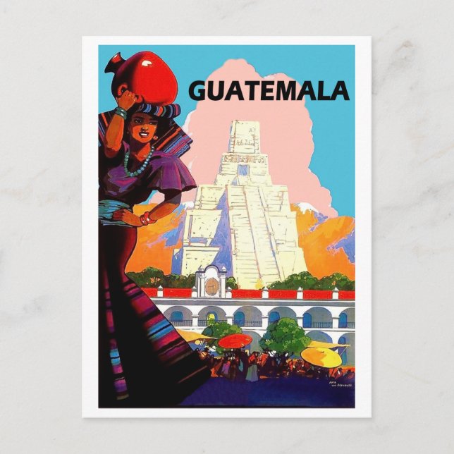Cartão Postal Guatemala, mulher nativa com cerâmica, pirâmide (Frente)