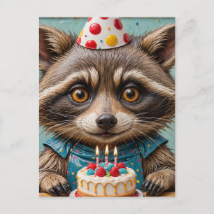 Cartão Postal Guaxinim Adorável Com um Bolo de Aniversário