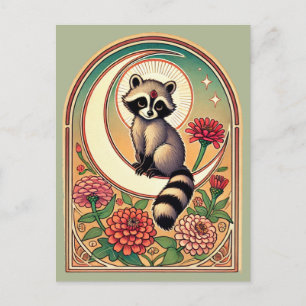 Cartão Postal Guaxinim com Zinnias