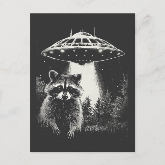 Cartão Postal Guaxinim engraçado em preto e branco no espaço UFO (Frente)