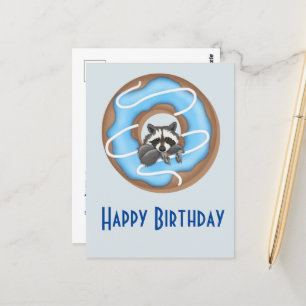 Cartão Postal Guaxinim Fofo com Donut Doce Feliz Aniversário Azu