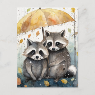 Cartão Postal Guaxinins Fofos na Chuva