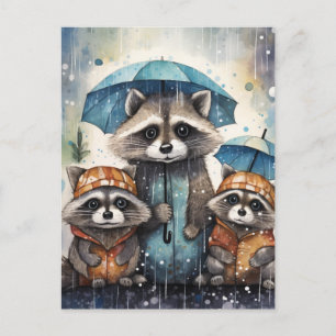 Cartão Postal Guaxinins Fofos na Chuva