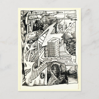 Cartão Postal "Guerra Moderna", desenho a tinta