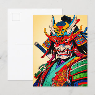 Cartão Postal Guerreiro feroz Samurai - Bushido japonês colorido