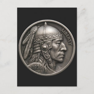 Cartão Postal Guerreiro. Hobo Nickel 1936 Moeda Buffalo Nickel