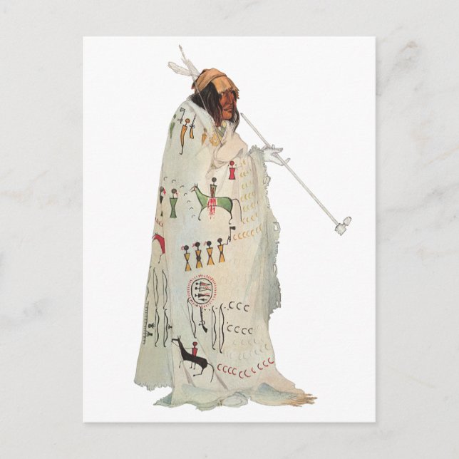 Cartão Postal Guerreiro Indiano com Pipe Retrato por Karl Bodmer (Frente)