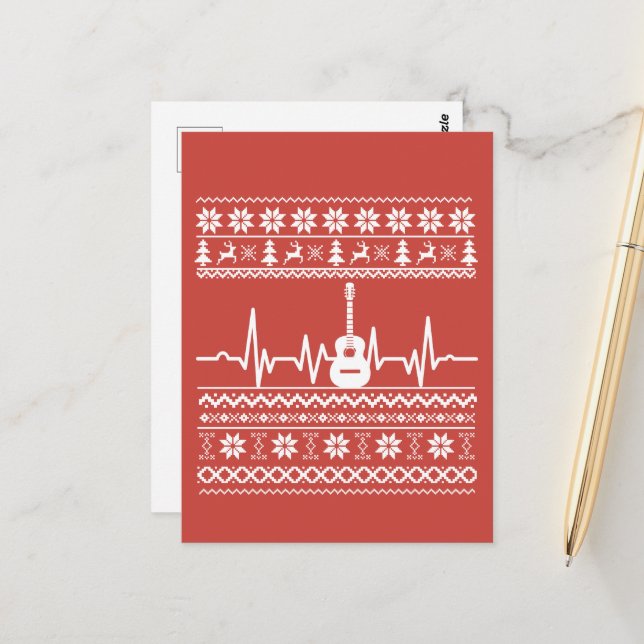 Cartão Postal Guitarra acústica de suéter de Natal feia (Frente/Verso In Situ)
