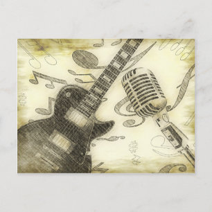 Cartão Postal Guitarra Vintage e Microfone